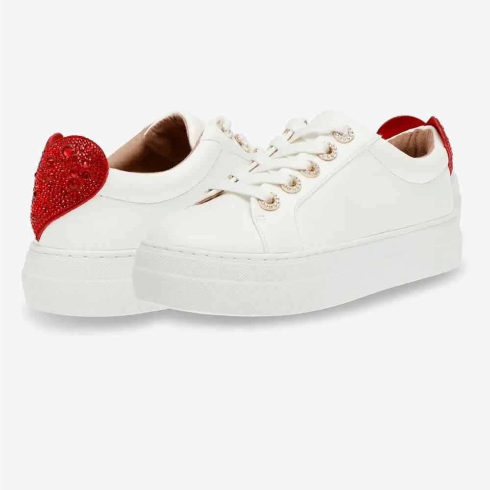 Betsey Johnson Presley Rhinrstone Heart Platform Lace-up Sneakers in white
